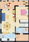 Ground floor holiday villa plan showing the downstairs bedroom, bathroom etc